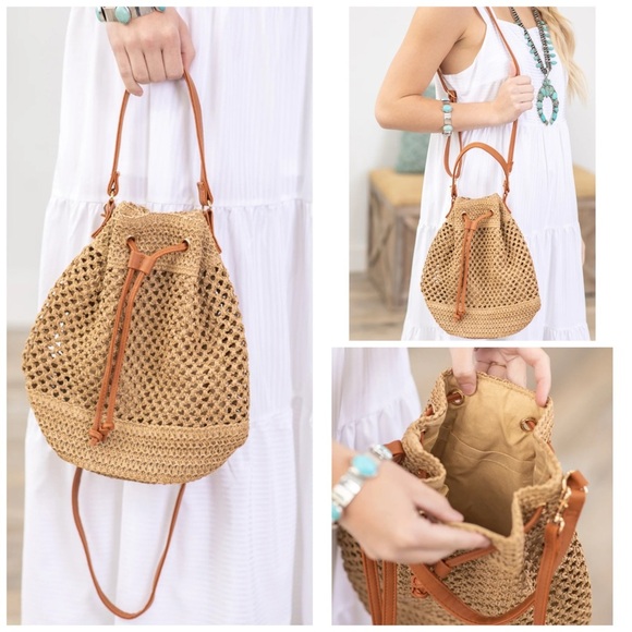 Tan Woven Straw Hollow Bucket Crossbody Bag Handbag Tan - Picture 2 of 12